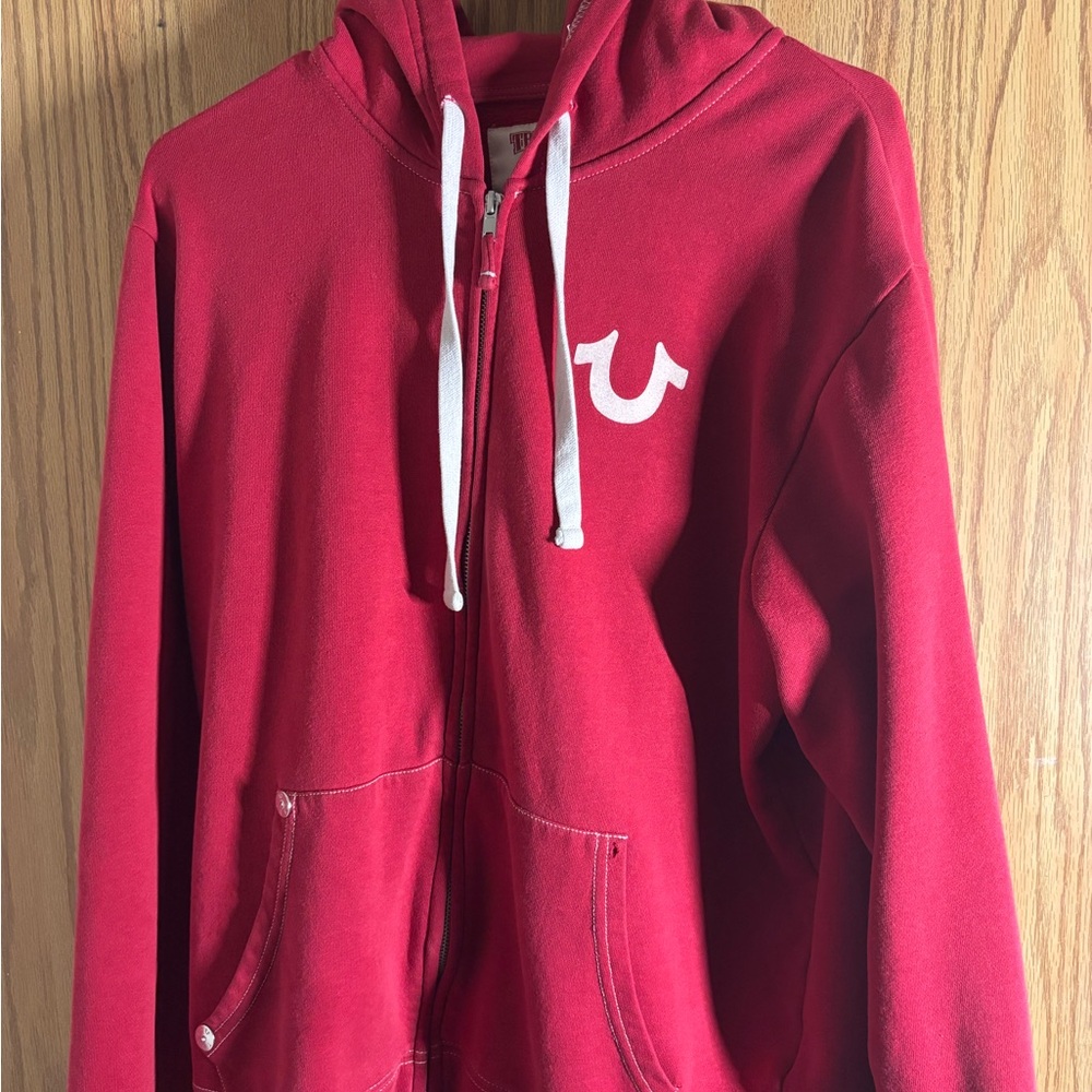 True Religion Red Hoodie with White Label Graphic
